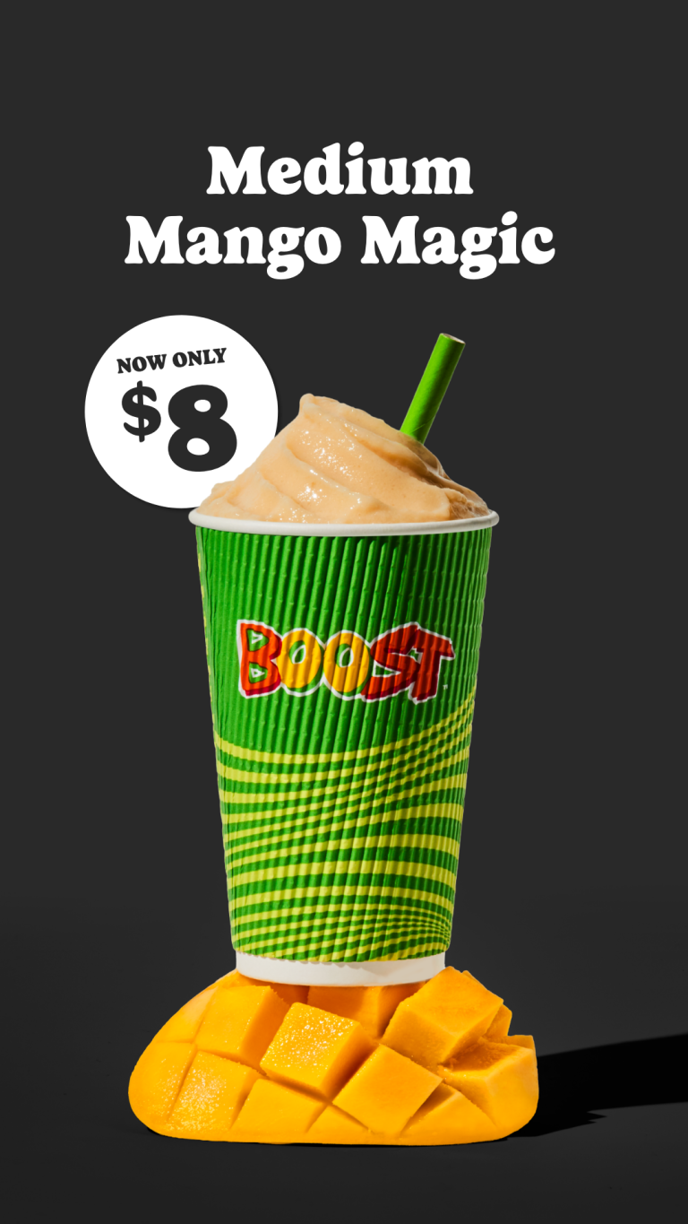 Boost Juice Medium Mango Magic smoothie for $8 limited time offer